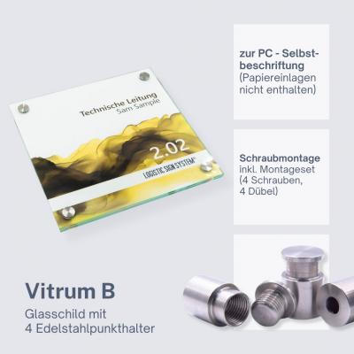 Türschild VITRUM B , Glasschild, Büroschild, 200 200 mm